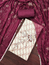 Wine and White Floral Cotton Banarasi Handwork Unstitched Suit